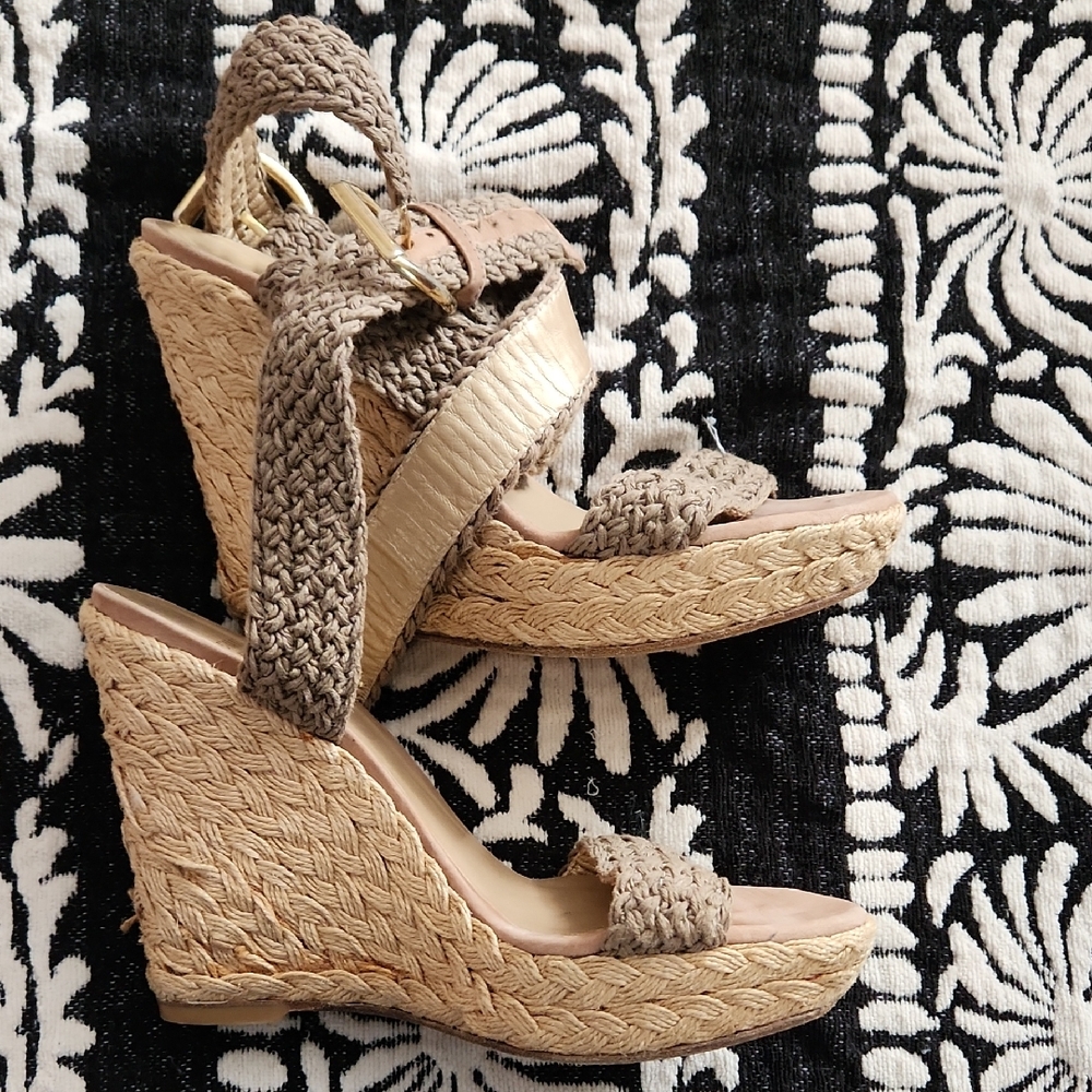 Stuart Weitzman Taupe Woven Espadrille Wedge Sandals